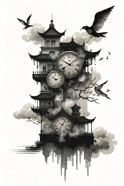 Chinese cloudy city scape with clocks and hour glasses tattoo design idea