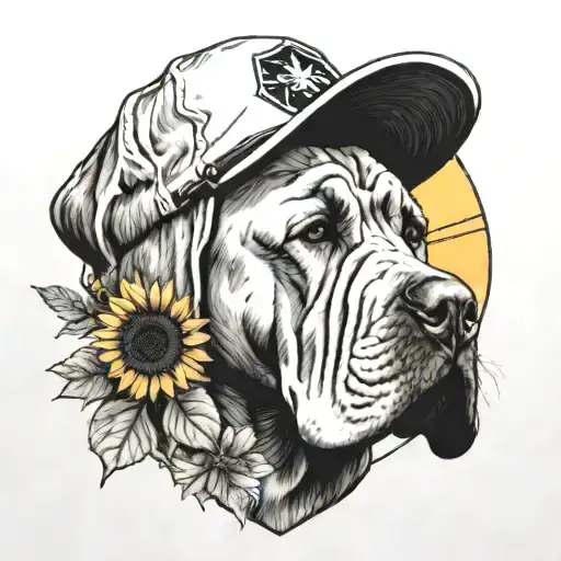 A Neapolitan mastiff wearing a nurse's hat, surrounded by sunflowers and mountains tattoo design idea