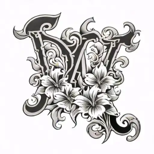 flames behind flowers letters J and M inside tattoo design idea