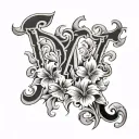 flames behind flowers letters J and M inside tattoo design idea