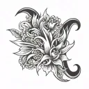 flames behind flowers letters J and M inside tattoo design idea