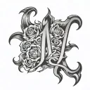 flames behind flowers letters J and M inside tattoo design idea