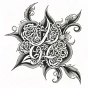 flames behind flowers letters J and M inside tattoo design idea