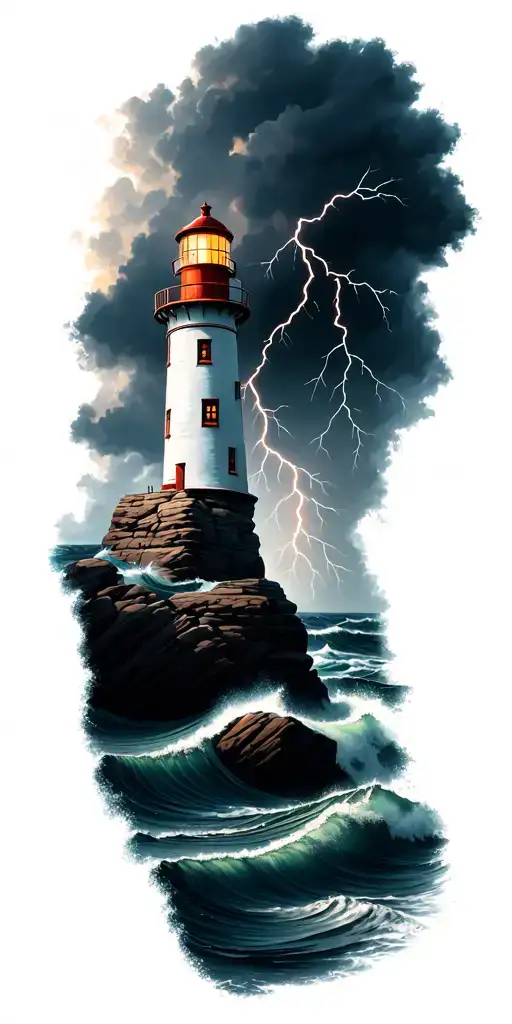 lighthouse on rocks, with crashing waves and a rainstorm with lightning strikes  tattoo design idea