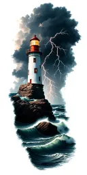 lighthouse on rocks, with crashing waves and a rainstorm with lightning strikes  tattoo design idea