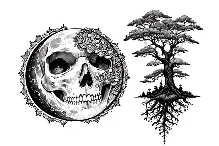 moon, gothic, skull, trees, mandala tattoo design idea