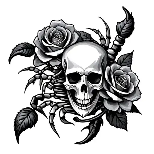 skull roses intertwined with scorpion approaching  tattoo design idea