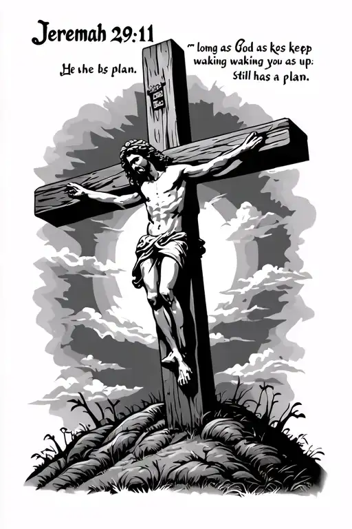 Jesus on the cross on a hill, above it writing Jeremiah 29:11 “As long as God keeps waking you up, He still has a plan f tattoo design idea