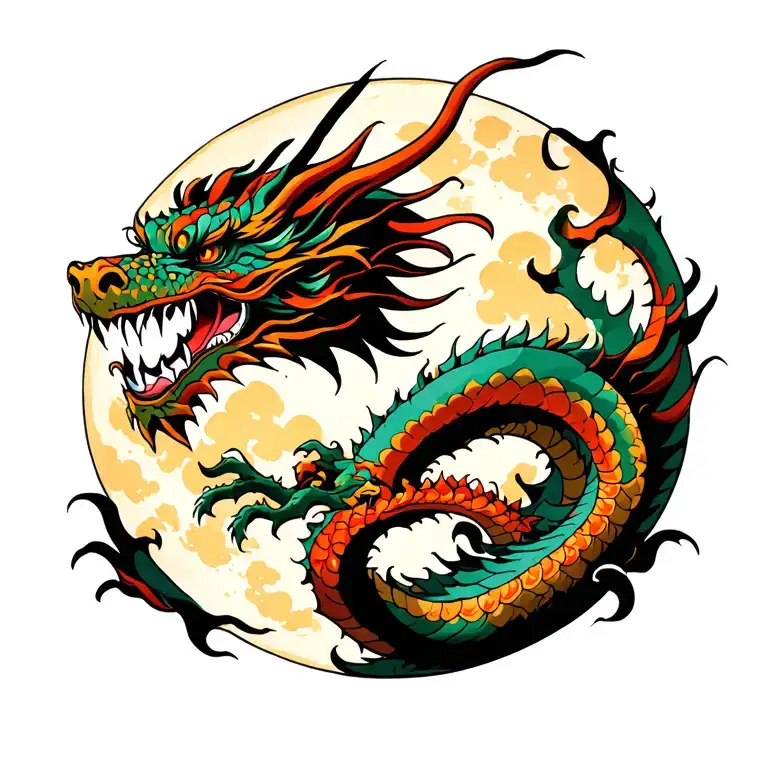 Samurai and the dragon against the background of the moon tattoo design idea