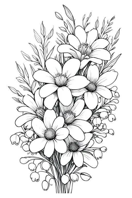 daisey and lily of the valley bouquet outline tattoo design idea
