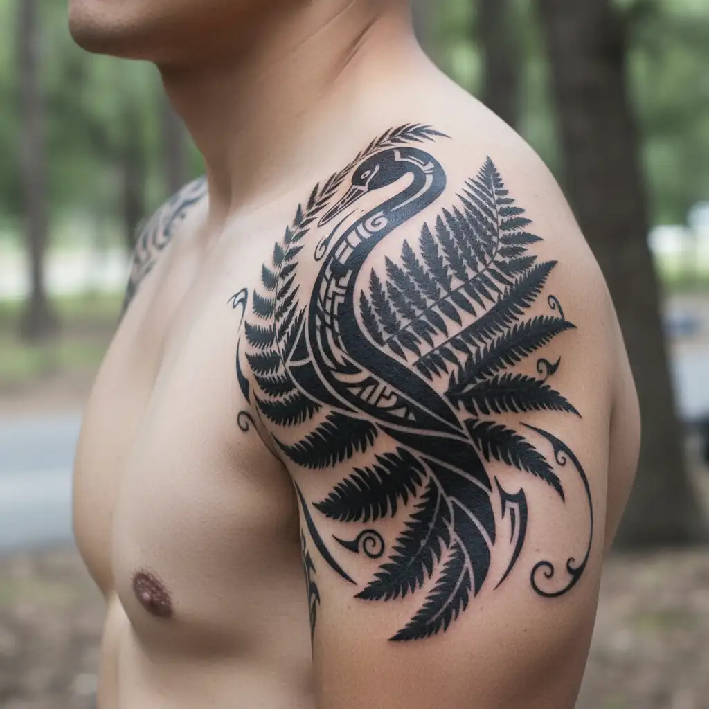 black swan with a new zealand fern as the tail wrapped tattoo design idea