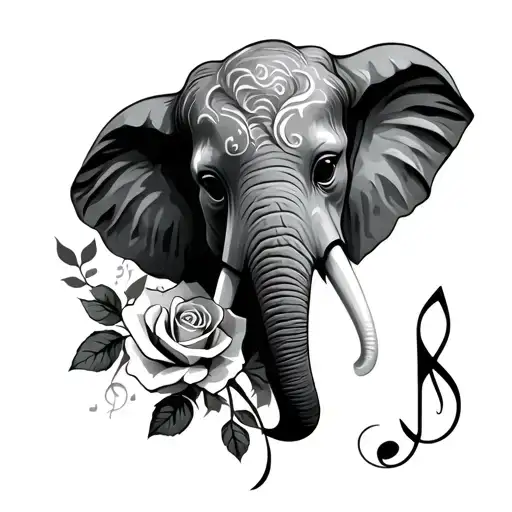 rose, elephant, theatre mask, music note intertwined tattoo design idea