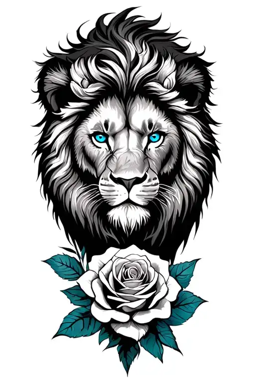 "HD" lion WITH BLUE EYES, rose,  tattoo design idea
