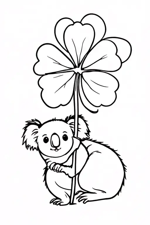 "A five -leaf clover with a great stem, in which a koala grabs the stem tenderly." tattoo design idea