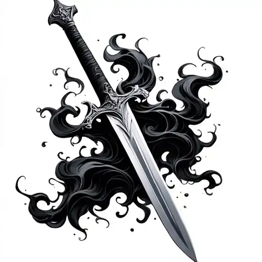a fantasy double-edged black sword, partially pulled from it's scabbard, oozing tendrils of black smoke tattoo design idea