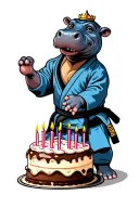 anthropomorphic hippo wearing a black belt Brazilian jiu jitsu gi next to a giant birthday cake with the words COSTAS wr tattoo design idea