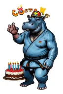 anthropomorphic hippo wearing a black belt Brazilian jiu jitsu gi next to a giant birthday cake with the words COSTAS wr tattoo design idea