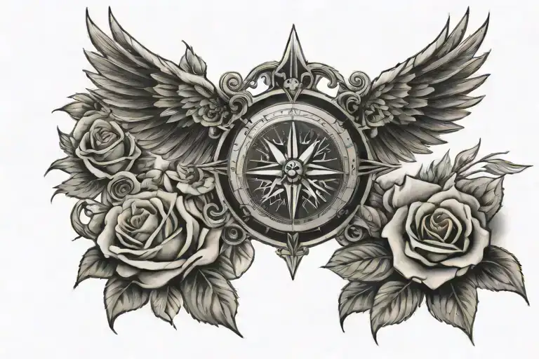 cross, wings, rays, roses, compass  tattoo design idea