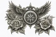 cross, wings, rays, roses, compass  tattoo design idea