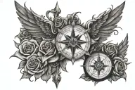cross, wings, rays, roses, compass  tattoo design idea