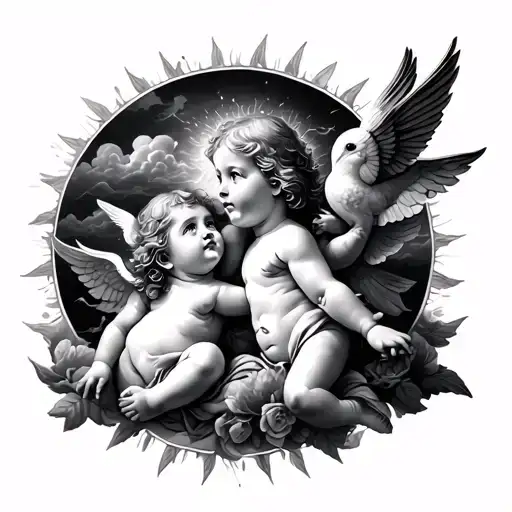 cherubs, sun, clouds and birss tattoo design idea