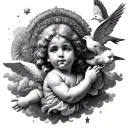 cherubs, sun, clouds and birss tattoo design idea