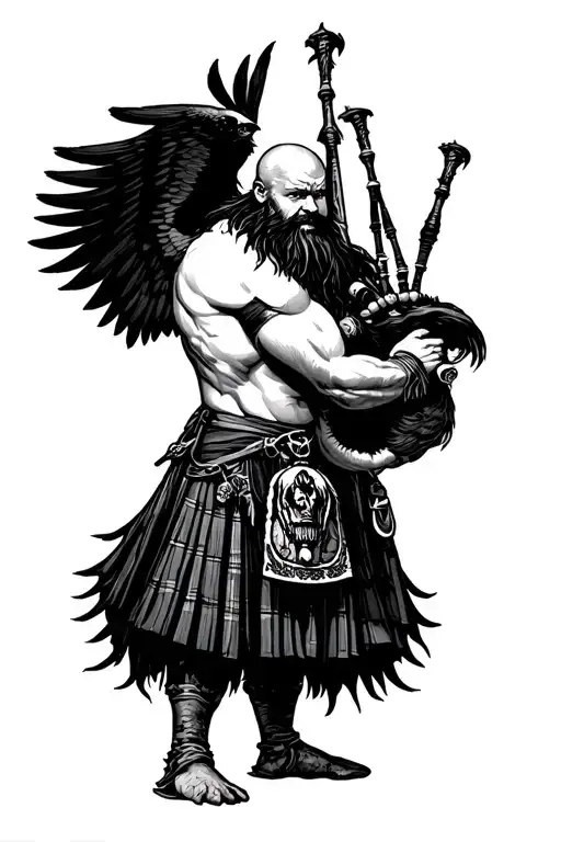 muscular bagpiper bald black beard black huge wings on  back playing the bagpipes flying crow with claws hairy chest tattoo design idea