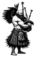 muscular bagpiper bald black beard black huge wings on  back playing the bagpipes flying crow with claws hairy chest tattoo design idea