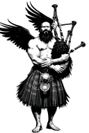 muscular bagpiper bald black beard black huge wings on  back playing the bagpipes flying crow with claws hairy chest tattoo design idea