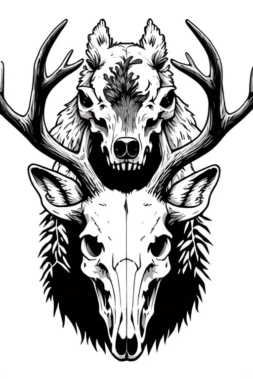 simple bear skull above deer skull with antlers reaching up on each side of bear skull. outline only with minimal detail tattoo design idea