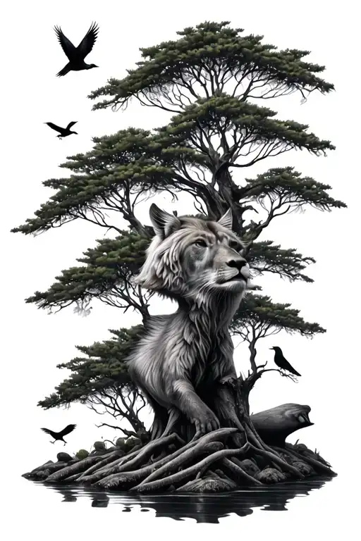 3d forest with wild animal and birds tattoo design idea