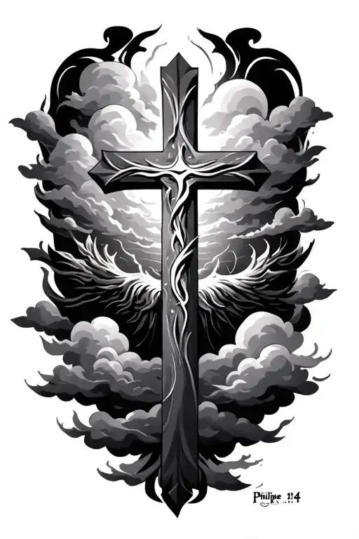 make a  tatoo with a cross and clouds surrounding and philipeans 3:14 tattoo design idea