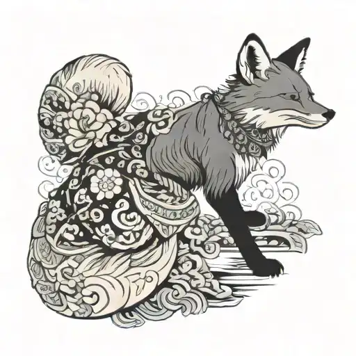 Fox in kimono and bandana. 3/4 view cooking. Eyes closed and mouth laughing. tattoo design idea