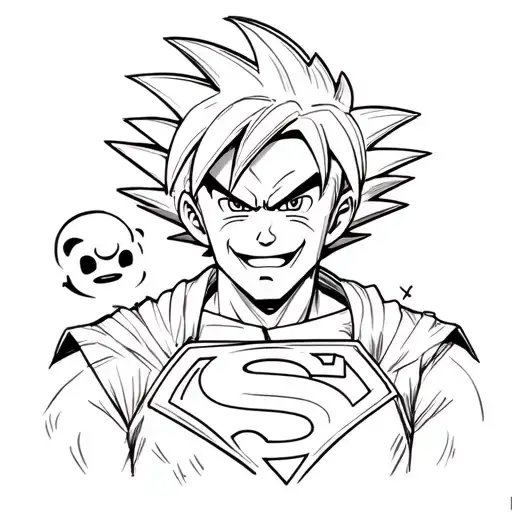  F in a star and TWBM and and vlog camera with face of Goku and Superman and Art the Clown and with kaws character sleve tattoo design idea