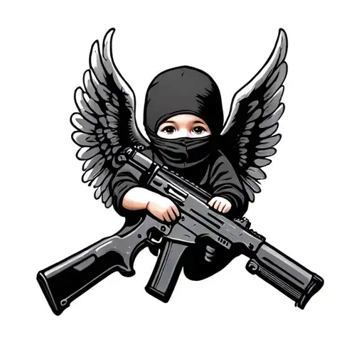 baby angel with balaclava holding ak 47 tattoo design idea