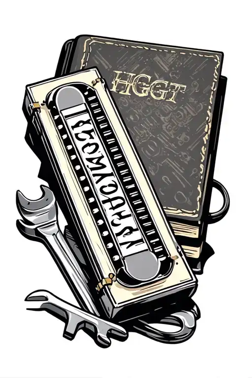 HGT initials on a harmonica sitting on a holy bible with motor mechanic spanners beside it. tattoo design idea