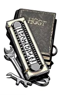 HGT initials on a harmonica sitting on a holy bible with motor mechanic spanners beside it. tattoo design idea