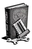 HGT initials on a harmonica sitting on a holy bible with motor mechanic spanners beside it. tattoo design idea