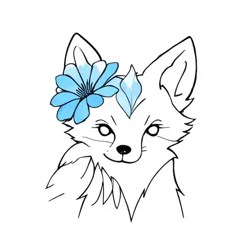 cute Arctic fox with a blue flower tattoo design idea