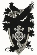 Rooker Family Crest with a celtic cross in a circle as a shield surrounded by cedar trees with  6 Crows tattoo design idea