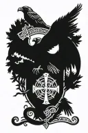 Rooker Family Crest with a celtic cross in a circle as a shield surrounded by cedar trees with  6 Crows tattoo design idea