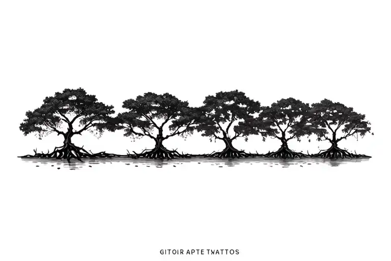 group of red mangroves trees roots showing, naturally accurate, fine line, trees alongside each other, dainty vibes tattoo design idea