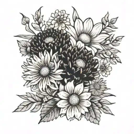 flower bouquet with daisy, calendula, chrysanthemum and carnation  tattoo design idea
