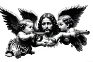 2 baby angel shooting a gun while jesus is in the middle and the 2 baby angels are shooting down in a very angelic way tattoo design idea