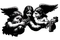 2 baby angel shooting a gun while jesus is in the middle and the 2 baby angels are shooting down in a very angelic way tattoo design idea