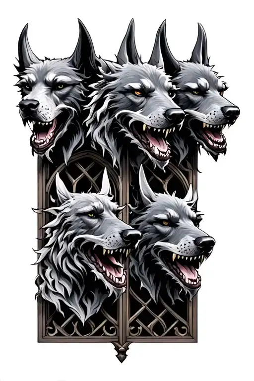 cerberus 3 heads with gothic gate 3 tattoo design idea