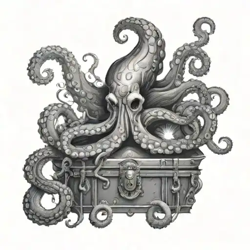 chest with treasure emanating light from it, big octopus protecting it sitting on top tattoo design idea