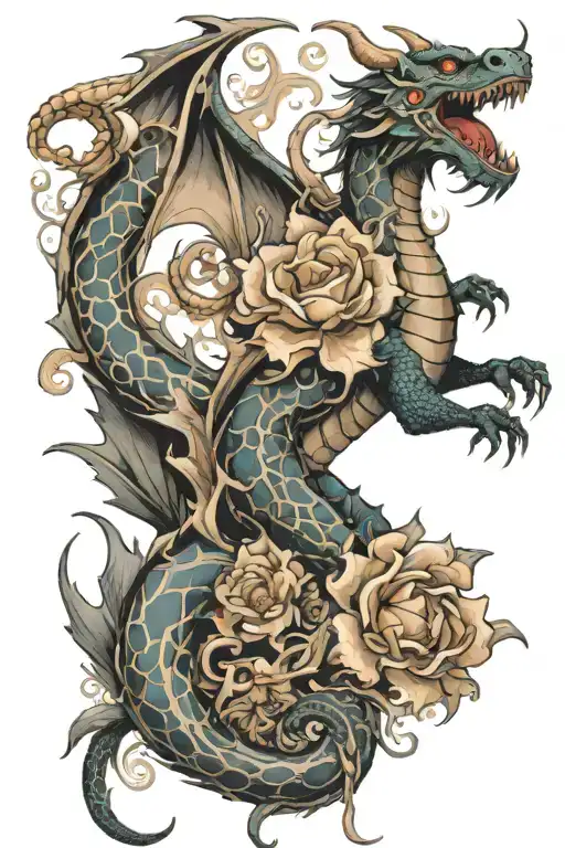 dragon ascending and fighting with false idol, fractal, flower tattoo design idea