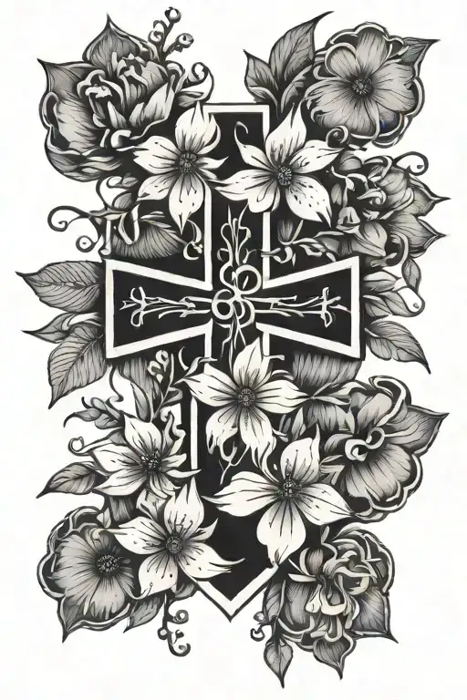 cross with birth flowers of July, October, and December  tattoo design idea