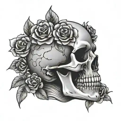 skull with 6 roses around its jaw and head tattoo design idea